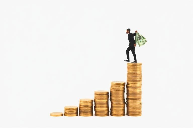 Person climbing staircase of coins representing wealth building journey